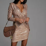Zjkrl - Elegant Deep V-Neck Sequin Bodycon Mini Dress Autumn Long Sleeve Party Dress Lady Fashion Draped Solid Women Slim Dress Vestido