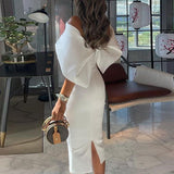 Women Casual Solid Color Long Dress Elegant Off Shoulder Cape Design Skinny Party Dress Autumn Fashion Back Bow Dress Vestido