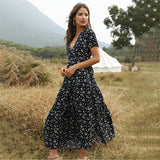 Summer Beach Holiday Dress Women Casual Floral Print Elegant Boho Long Dress Ruffle Short-Sleeve V-neck Sexy Party Robe