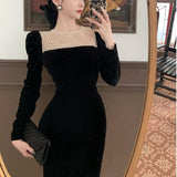 Zjkrl - Black Elegant Evening Midi Dress Women Bodycon France Vintage Velvet Party Dress Ladies Korean Fashion Chic Dresses Autumn