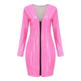 Zjkrl - 3XL Women Pencil Dress Bodycon Sexy Zipper V-neck Faux Leather Mini Dresses Long Sleeve Party Clubwear Latex Dress Vestido