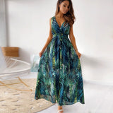 Zjkrl - Casual Loose Bohemian Beach Vacation Summer Midi Dress For Women Fashion Print Lace Up Sexy Backless Deep V-neck Maxi Dresses