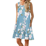Women Summer Floral Print Medium Casual Beach Cover Up Plain Pleated Tank Dress