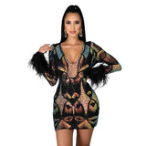 Zjkrl Women Sexy Sequins Feather Night Club Party Dress Deep V Neck Sheer Mesh Long Sleeve Bodycon Mini Dresses Vestidos