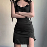 Zjkrl -  Strappy Satin Ruched Black Dress Mini Lace Spliced Side Split Sexy Dress Female Sundress Backless Ladies Dresses