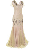 Zjkrl - Formal dress retro 1920s sequin evening dress V-neck short sleeve mesh bead fishtail skirt women party special ocasion