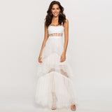 Summer Sling Long Lace Dress Women Hollow Stitching Sexy Bubble Dress Backless Sleeveless Plus Size White Party Elegant Clothes