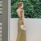 Zjkrl - Elegant Women Green Satin Backless Evening Dress Ladies Lace Bandage Vintage Jacquard Mixi Dresses Party Vestidos Summer Robe