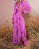 Woman Dress  High Waist V-neck Women's Dress Pleated Solid Color Ruffled Dress Dresses For Women