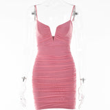 Spaghetti Strap Ruched Dress Women 2023 Spring Sexy Slim Elegant Clubwear Solid Sleeveless Backless Sheath Dress Female