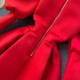 Zjkrl - Autumn Winter Puff Long Sleeve Dresses For Women Party Christmas Turtleneck Slim A-Line Elegant New Year Woman Red Dress