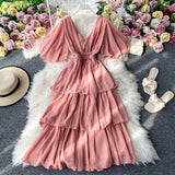 Zjkrl New Summer Women Dress Ruffled Short-sleeved Chiffon Dress V-neck Sexy Beach Long Dress Backless Cake Dresses Vestidos