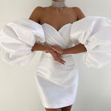 Zjkrl Puff Sleeves Trendy Pink Mini Dress Sexy Off Shoulder  Design Celebrity Party Club Satin Dresses Vestido