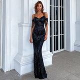 Zjkrl Women Elegant Off Shoulder Luxury Evening Dress Sexy  Sequin Mermaid Dress Spaghetti Straps Silver Beading Long Party Dress New