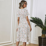Zjkrl graduation outfit ideas 90s latina aesthetic freaknik fashion baseball game tomboy style swaggy going out classic edgy brunch cute White Floral Printing Summer Chiffon Beach Dress  Casual V-neck Short Sleeve A-line Women Midi Dresses Vestidos
