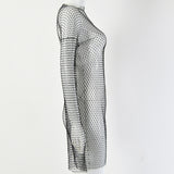 Zjkrl - Diamond Sexy Bodycon Dress Women Hollow Out Long Sleeve Mini Dress Summer See Through Party Vestidos Mujer Verano