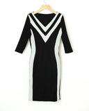 Zjkrl - Contrast Color Striped Tape Bodycon Dress Women Sexy V Neck Long Sleeve Party Dress