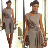 Zjkrl Latest On Sale Short Mother of the Bride Dresses Sleeveless Jewel Neck Pleating Wedding Party Dresses Knee Length Beaded