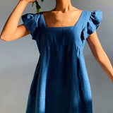 Square Collar Butterfly Sleeve Backless High Waist Loose Linen