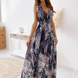 Zjkrl - Casual Loose Bohemian Beach Vacation Summer Midi Dress For Women Fashion Print Lace Up Sexy Backless Deep V-neck Maxi Dresses