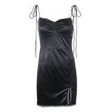 Zjkrl -  Strappy Satin Ruched Black Dress Mini Lace Spliced Side Split Sexy Dress Female Sundress Backless Ladies Dresses