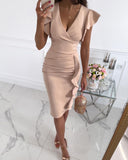 Zjkrl - Elegant Workwear V-Neck Ruffle Hem Ruched Midi Long Bodycon Dress