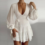Zjkrl Sexy Low-Cut Ruffle Bow A-Line Women Dress Lantern Sleeve V-Neck Slim Style Fashion Party Club Dress Spring Female Clothing
