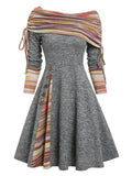 Zjkrl Convertible Cinched Striped Flare Dress Foldover Off The Shoulder Knitted Dresses Women 2023 Long Sleeve Jurken
