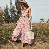 Zjkrl Summer Retro Rayon Sling Dress Summer Waist Sleeveless Sexy Mid-length Pink Print Pullover Dresses