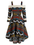 Vintage Elegant Dress Women Aesthetic Cold Shoulder Tribal Print High Low Dress Vestidos Party Dresses