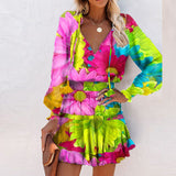 Zjkrl - Fashion Vintage Colorful Floral Print Party Dress Women Spring Summer Elegant V-Neck Drawstring Ruffle Mini Dresses Casual Dress