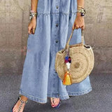 Zjkrl - 2023 Plus Size 3xl Women Summer Denim Dress Retro Women Short Sleeve Turn Down Collar Pockets Button Long Loose Denim Dress