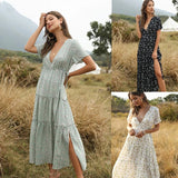 Summer Beach Holiday Dress Women Casual Floral Print Elegant Boho Long Dress Ruffle Short-Sleeve V-neck Sexy Party Robe