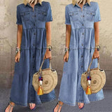 Zjkrl - 2023 Plus Size 3xl Women Summer Denim Dress Retro Women Short Sleeve Turn Down Collar Pockets Button Long Loose Denim Dress