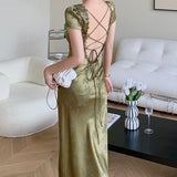 Zjkrl - Elegant Women Green Satin Backless Evening Dress Ladies Lace Bandage Vintage Jacquard Mixi Dresses Party Vestidos Summer Robe