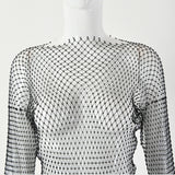 Zjkrl - Diamond Sexy Bodycon Dress Women Hollow Out Long Sleeve Mini Dress Summer See Through Party Vestidos Mujer Verano