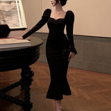 Zjkrl - Elegant Mermaid Black Long Dress Women Korean One Piece Vintage Gothic Evening Party Dress Autumn Casual Hepburn Slim Dress 2023