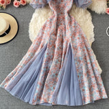 Summer Elegant Chiffon Floral Strap Dress Women&#39;s Mesh Stitching Strapless Mixi Dress Holiday Ladies Vestidos  Female Robe