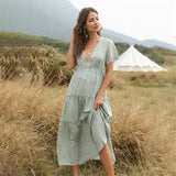 Summer Beach Holiday Dress Women Casual Floral Print Elegant Boho Long Dress Ruffle Short-Sleeve V-neck Sexy Party Robe