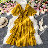 Zjkrl New Summer Women Dress Ruffled Short-sleeved Chiffon Dress V-neck Sexy Beach Long Dress Backless Cake Dresses Vestidos