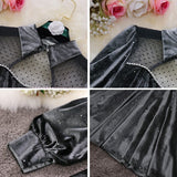 spring new female stand collar lantern sleeve sequins velvet with mesh A-line dresses women&#39;s beading elegant Dress