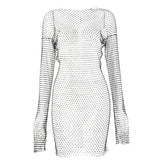 Zjkrl - Diamond Sexy Bodycon Dress Women Hollow Out Long Sleeve Mini Dress Summer See Through Party Vestidos Mujer Verano