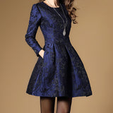 New Autumn Long Sleeve Jacquard Dress Work Casual Party Slim O-neck Printing Dresses Women A-line Vintage Vestidos Spring