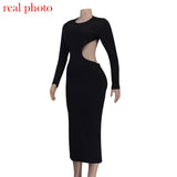 Zjkrl Fall Party Dresses For Women Sexy Black Cut Out Round Neck Long Dress Women Elegant Long Sleeve Club Party Spring Dresses Skinny Clothes
