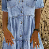 Zjkrl - 2023 Plus Size 3xl Women Summer Denim Dress Retro Women Short Sleeve Turn Down Collar Pockets Button Long Loose Denim Dress