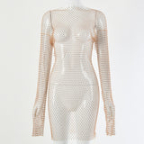 Zjkrl - Diamond Sexy Bodycon Dress Women Hollow Out Long Sleeve Mini Dress Summer See Through Party Vestidos Mujer Verano