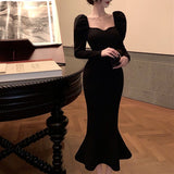 Zjkrl - Elegant Mermaid Black Long Dress Women Korean One Piece Vintage Gothic Evening Party Dress Autumn Casual Hepburn Slim Dress 2023