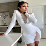Zjkrl - 2023 New Summer New Women&#39;s Sexy V-neck Mesh Diamond Long Sleeve Bodycon Bandage Dress Fashion Celebrity Party Dress vestido
