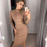 Zjkrl Bodycon Dress Rayon High Quality Turtleneck Long Sleeve Lace Up Bandage Dress Ribbed Knee-Length Sexy Vestidos Dobanmbd