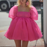 Zjkrl Women Puff Sleeve Tulle Tutu Princess Dress Square Collar Mesh Ruffle Bubble Skirt Wedding Evening Party Prom Mini Fairy Dress